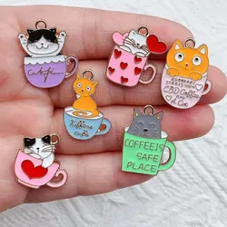 10pcs Cup Cat Charm for Jewelry Making Enamel Pendant Diy Accessories Zinc Alloy Gold Plated