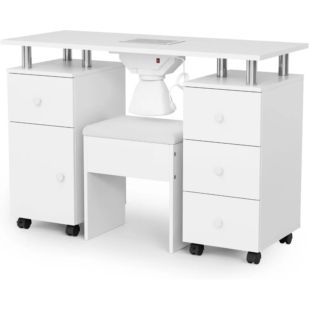Nail Desk and Chair Set, with Stool, Dust Collector, Arm Rest & Wheels, Acetone Resistant Desktop, Manicure Table Nail