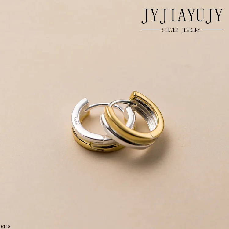 JYJIAYUJY 100% Sterling Silver S925 Hoop Earrings Two Color Double Circle Shape Trendy Hypoallergenic Women Jewelry Gift E118