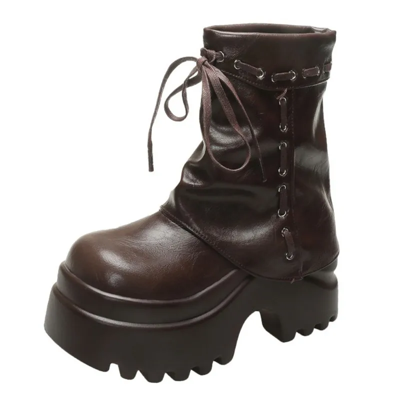 

Женские кожаные ботильоны на массивном каблуке 9 см, новинка 2024, осень-зима, армейская нескользящая мотоциклетная обувь на высокой платформе в стиле панк