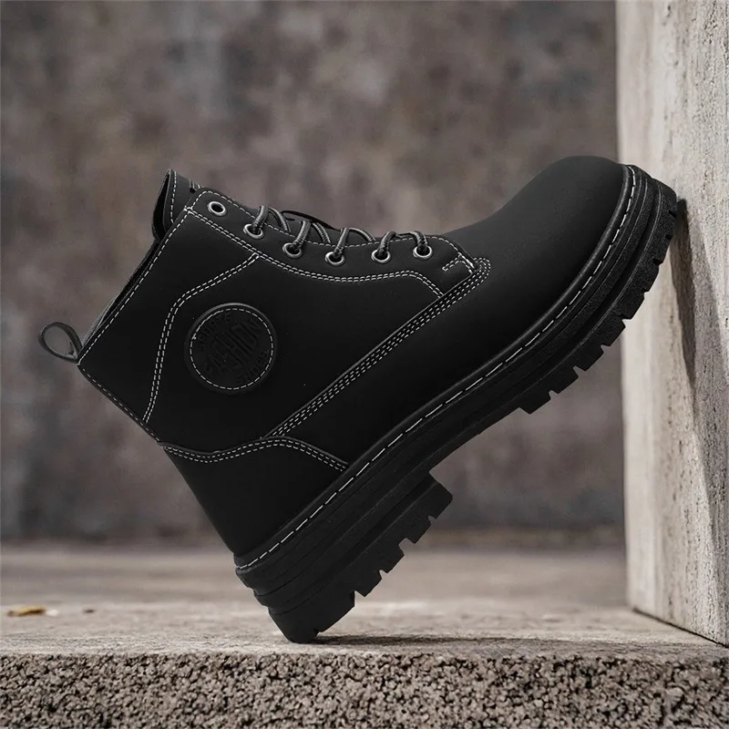 الرجعية أحذية عالية الجودة غير رسمية للرجال الشتاء مكتنزة راوند أحذية الرجال دراجة نارية حذاء من الجلد الدانتيل متابعة العمل الأحذية بوتاس Hombre