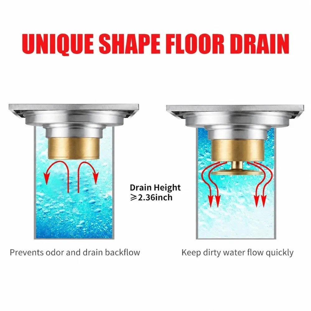 Convenient Copper Floor Drain Square Removable Strainer Cover Shower Drain 4 Inch Size Anti-Odor Sink Strainer Bathroom