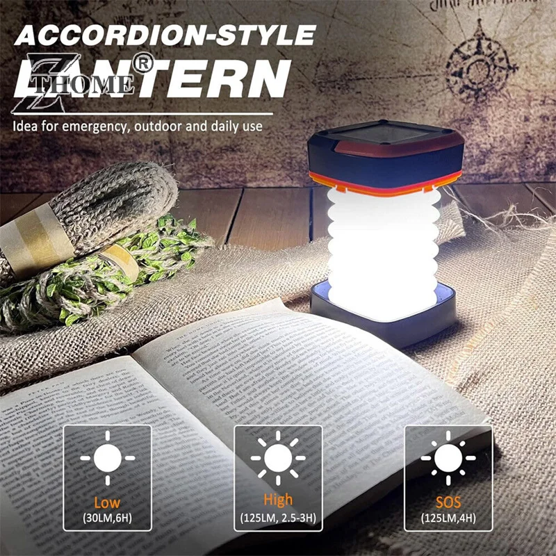 Solar Camping Light Foldable Waterproof USB Rechargeable Lantern 3Modes LED Flashing Lamp Fishing Travle Outdoor Tent Power Bank