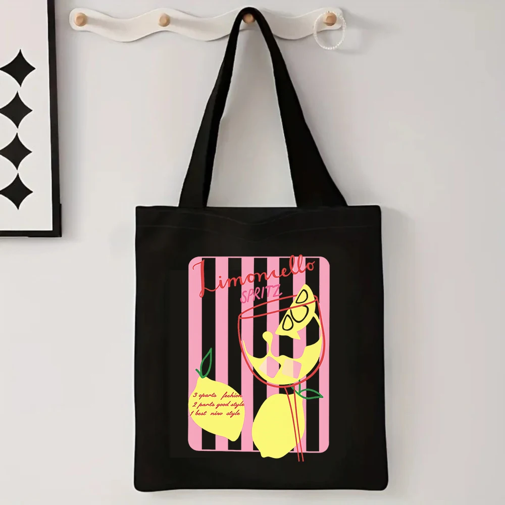 Italian Limoncello Spritz Canvas Tote Bag Retro Lemon Cocktail Pink Stripe Handbag Summer Beach Grocery Shopping Book Bag
