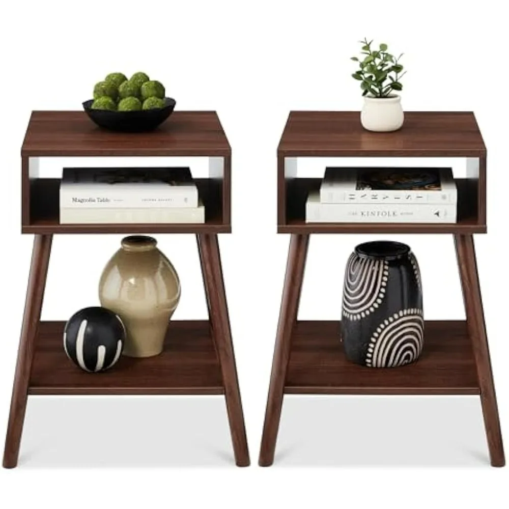 

Side Table, Mid-Century Modern End Table Set of 2, Space Saving w/Cubby Storage, Lower Shelf, Pine Wood Legs - Walnut.