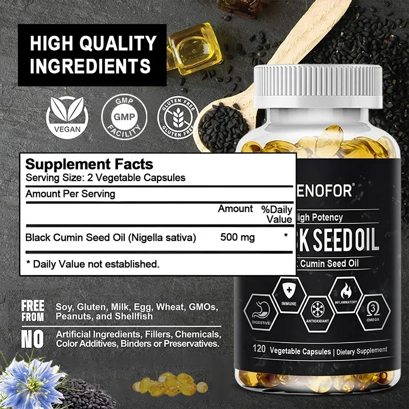 KENOFOR Black Seed Oil 500 Mg - Cold Pressed Nigella Sativa Capsules - Non-GMO, Gluten Free for Overall Health Support