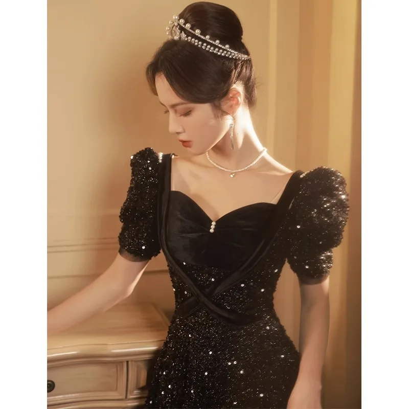 Robes de Rhgothiques à manches bouffantes pour enfants, robe de soirée à paillettes noires, robe de soirée femme, robe d'invité de mariage, train de balayage, chérie