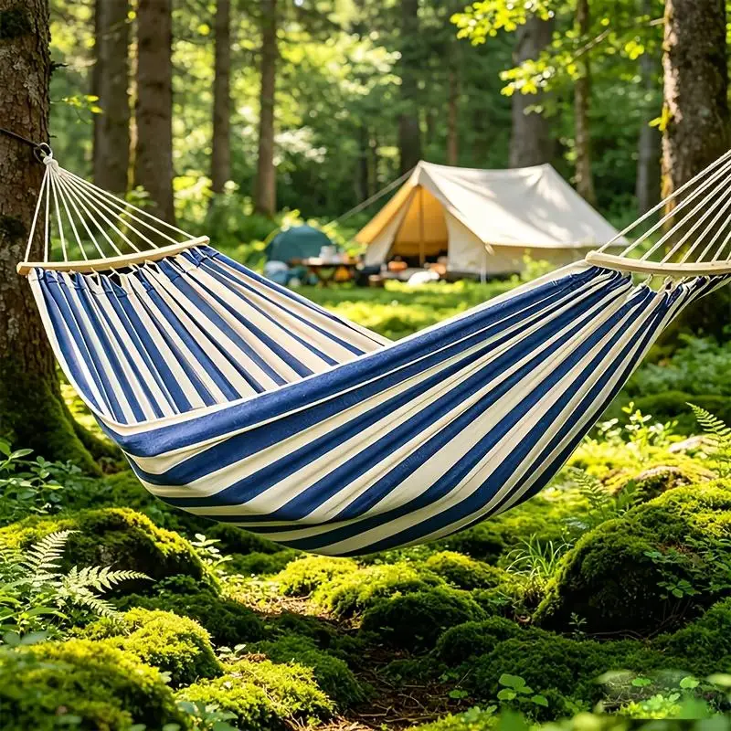 Portable 2-Person Double Hammock with Anti-Rollover Spreader Bars Striped Nylon Fabric Hanging Bed Cozy Outdoor Camping Swing Chair Heavy Duty Durable Hammock for Backyard Patio Garden Beach Travel