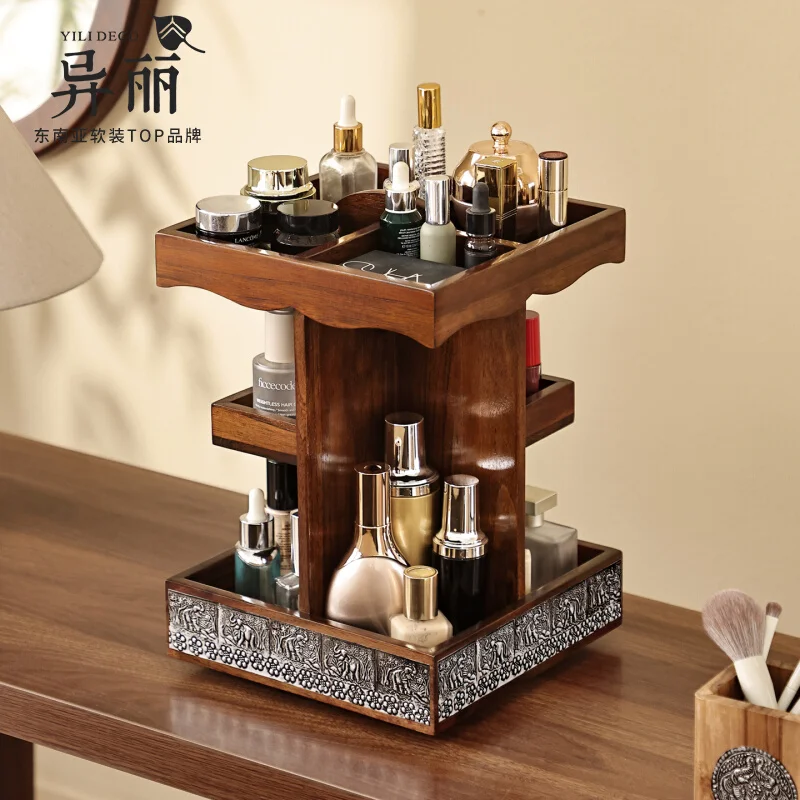 

Вращающийся органайзер для макияжа, деревянный держатель для хранения, коробка для хранения из тикового дерева премиум-класса, туалетный столик 360° ° Поворотная полка для хранения