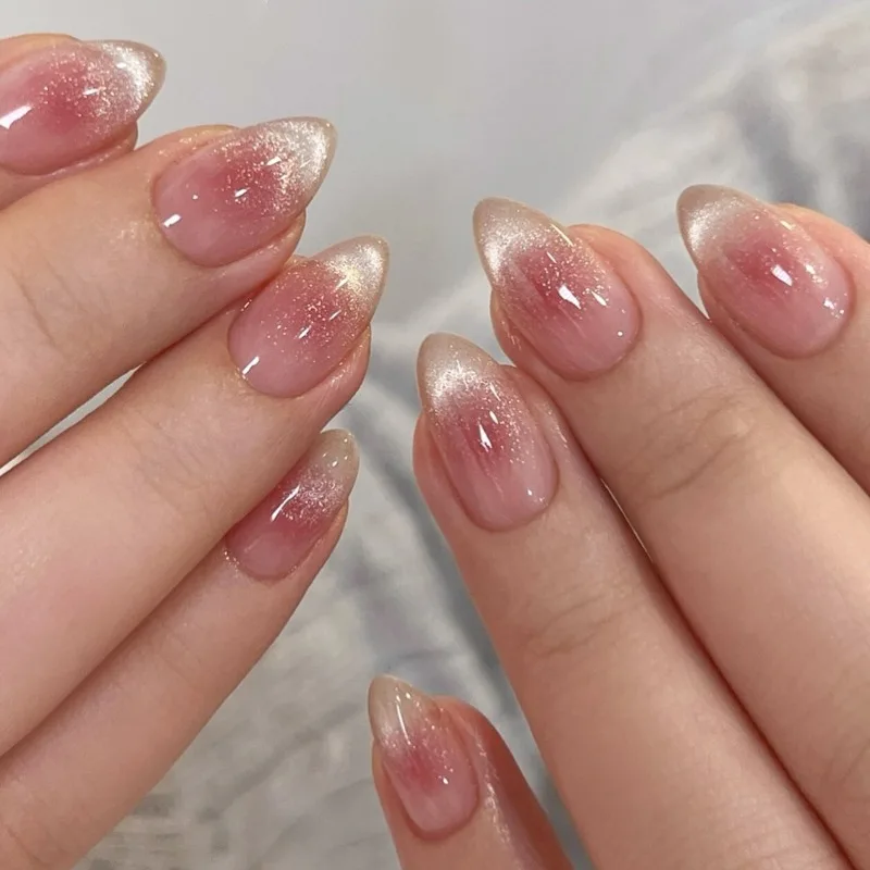 

24 Pcs Nails Press Ons for Gluing Ready Pink Cat Eye Blush Almond Nail Tips False Nails Girls Paste Nails Removable Self-nail