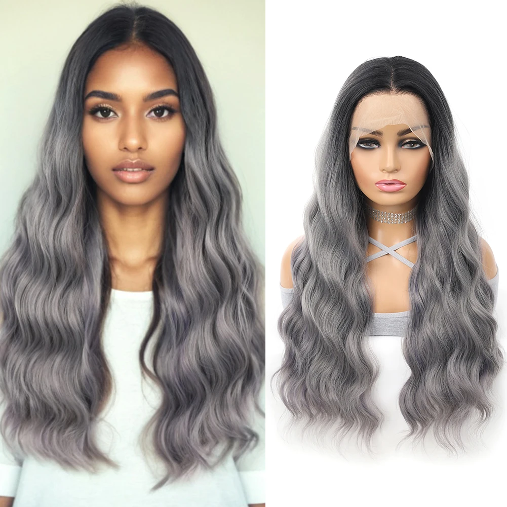 

Grey Headband Wigs For Black Women Medium Short Body Wavy Wig 13x4 Lace Frontal Wigs Synthetic Hair 26Inch
