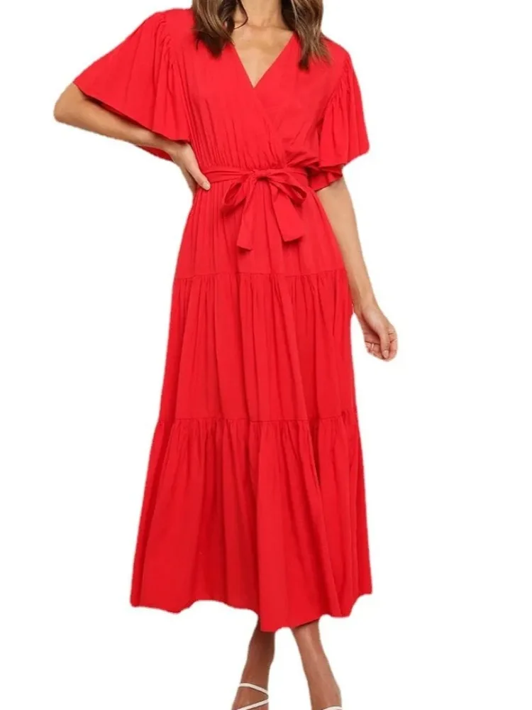 อินเทรนด์สีทึบRufflesชุดยาวผู้หญิงเซ็กซี่VคอRuffleแขนLeace-Up Temperament Elegant Ladyชุด 2025 ฤดูร้อนใหม่