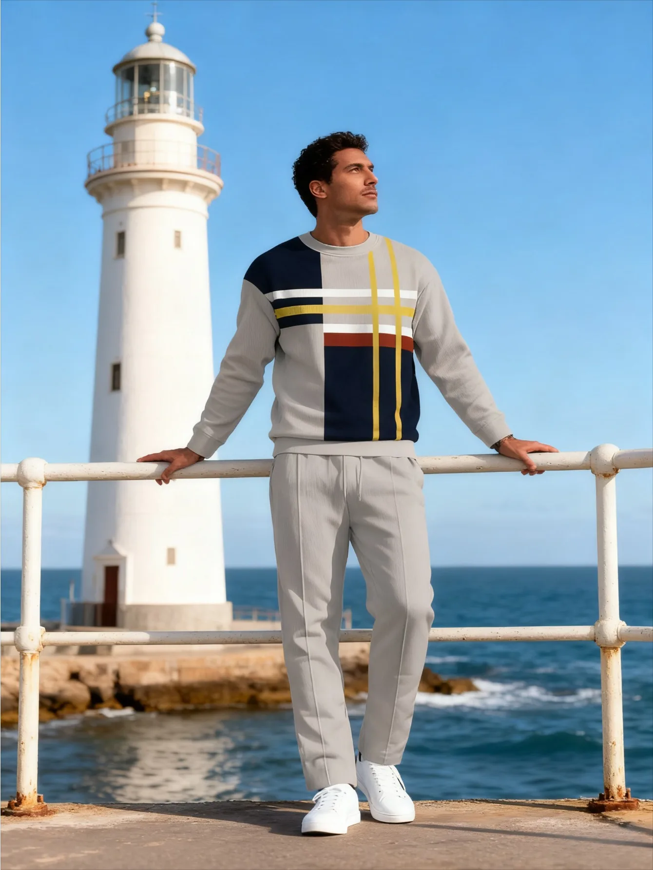 طقم بغطاء للرأس عصري مطبوع رقميًا للرجال مكون من قطعتين #3