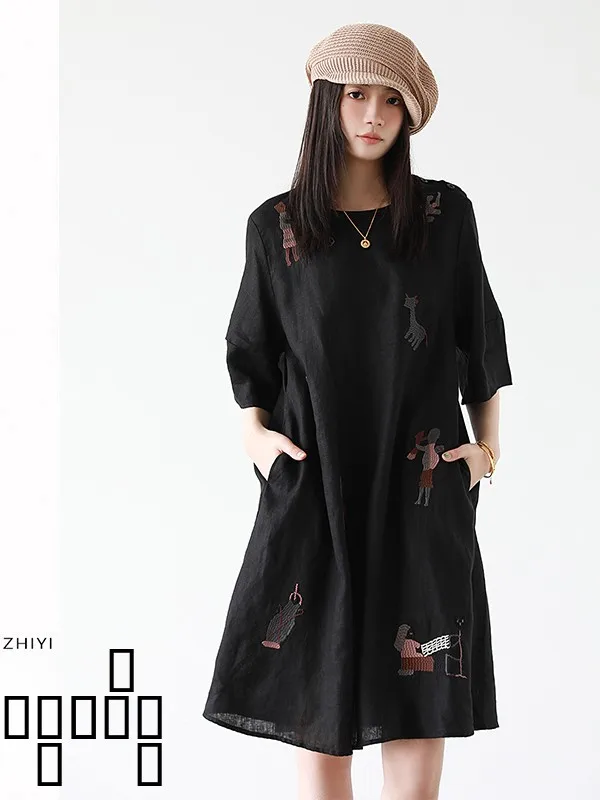 Grande taille imprimé fleuri lin irt Dr femmes été 3/4 Sve coton lin T-shirt jupe minceur dissimulant a-ligne S...