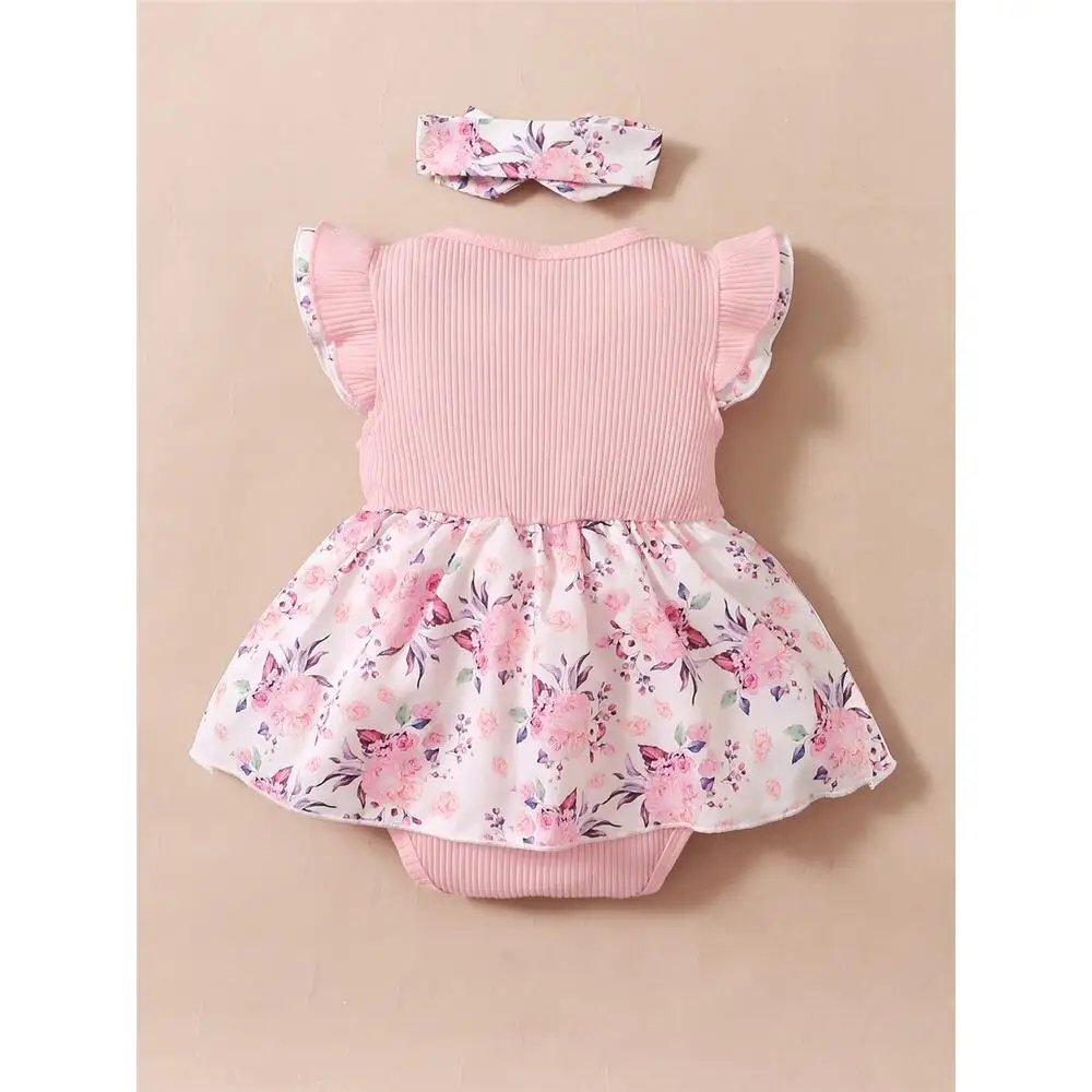 0-18 Months Baby Girl Floral Romper Dress Fly Sleeve Summer Ribbed Jumpsuit with Headband Newborn Baby Girl Lovely 2PCS Outfit