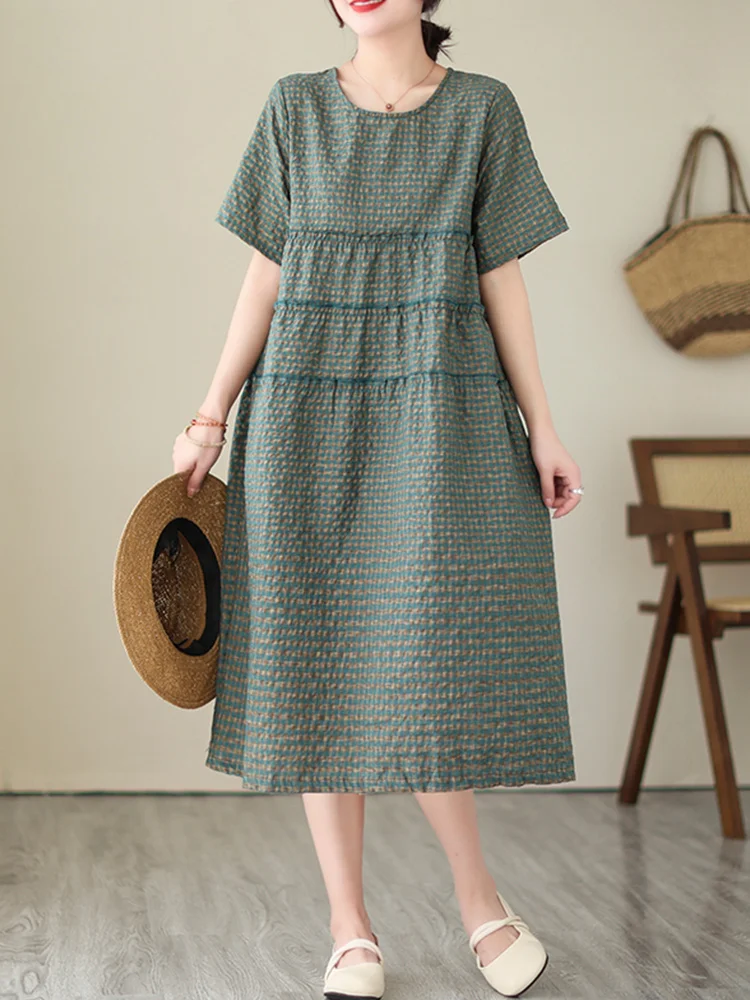 Nuevo 2023 vestido hoado de lino y aodón de talla ande para mujer, falda Midi acampanada a cuadros Vintage, cuello redo...