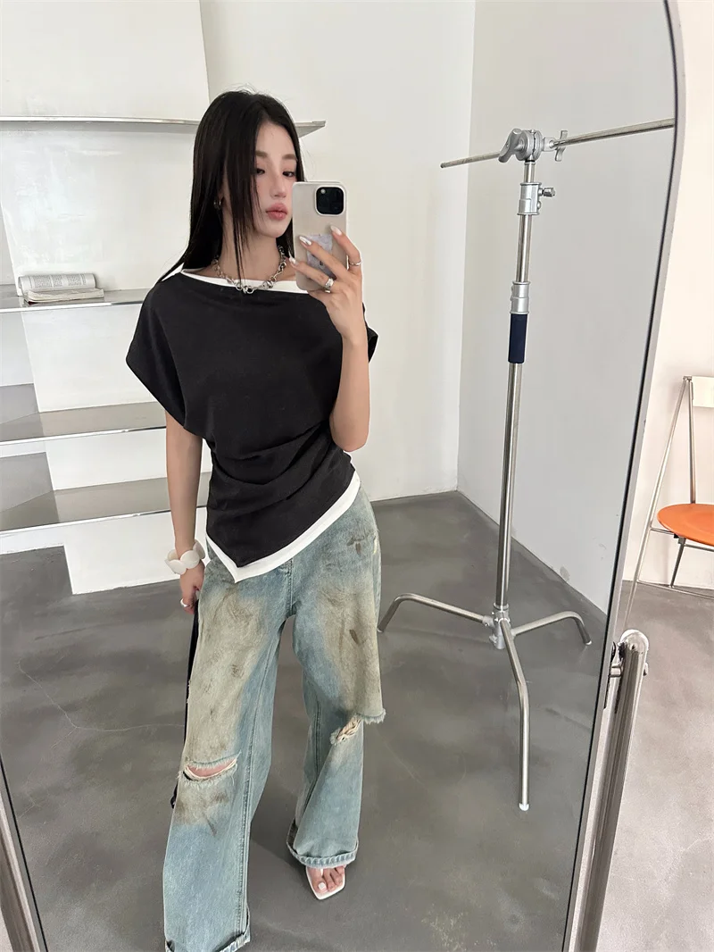 شيرارت قبالة الكتف المرقعة غير المتكافئة للمرأة 2025 الصيف تي شيرت مصمم تيز ملابس علوية صلبة #3