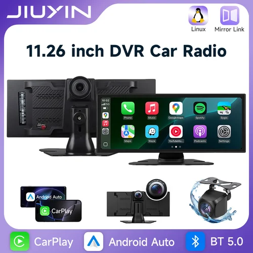 Imagen 1 del producto Reproductor de vídeo Multimedia con pantalla táctil IPS de 11,26 pulgadas, portátil, 4K, DVR, inalámbrico, CarPlay, Android, Auto, grabadora de conducción de doble lente