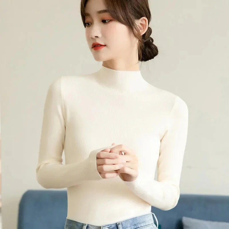 Women Autumn Winter Turtleneck Sweater Vintage Solid Basic Knitted Tops Casual Slim Pullover Korean Fashion Simple Chic Jumpers