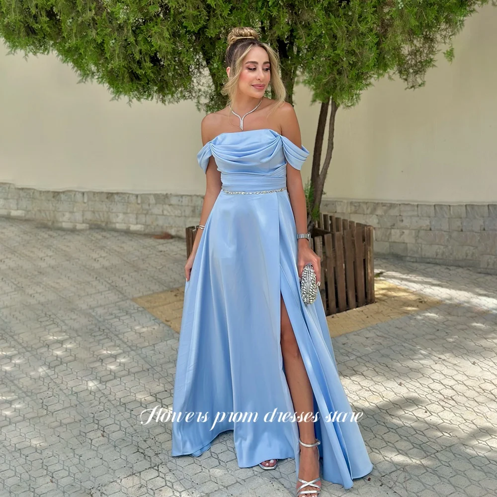 

Flowers Off Shoulder Party Dress A Line Prom Dress High Slit Evening Dress Pleats Formal Occasion Dress for Women Customized