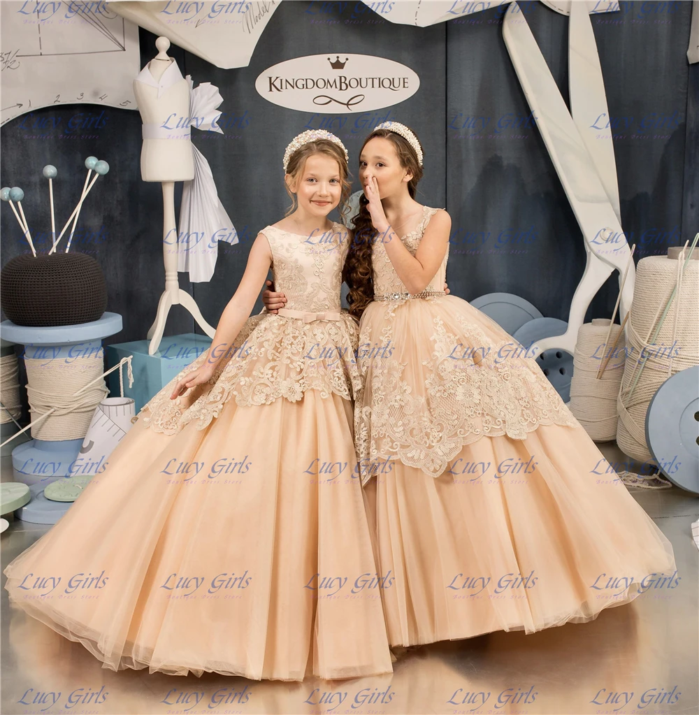 Gorgeous Flower Girl Dress Champagne Tulle Fluffy Quality Lace Applique For Princess Birthday Party First Communion Ball Gowns
