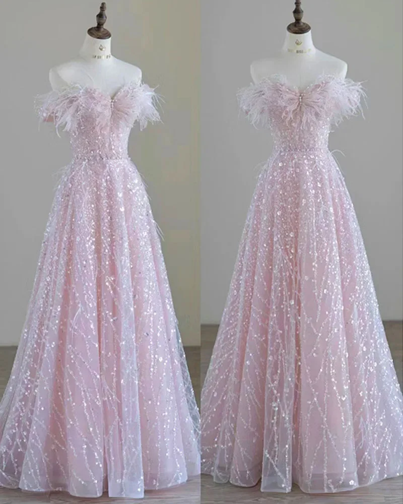 

Ecoparty Luxury Pink Feather Prom Dresses Womenight Luxury A Word Shoulder Fairy Evening Dress High-end Party Gown Customized