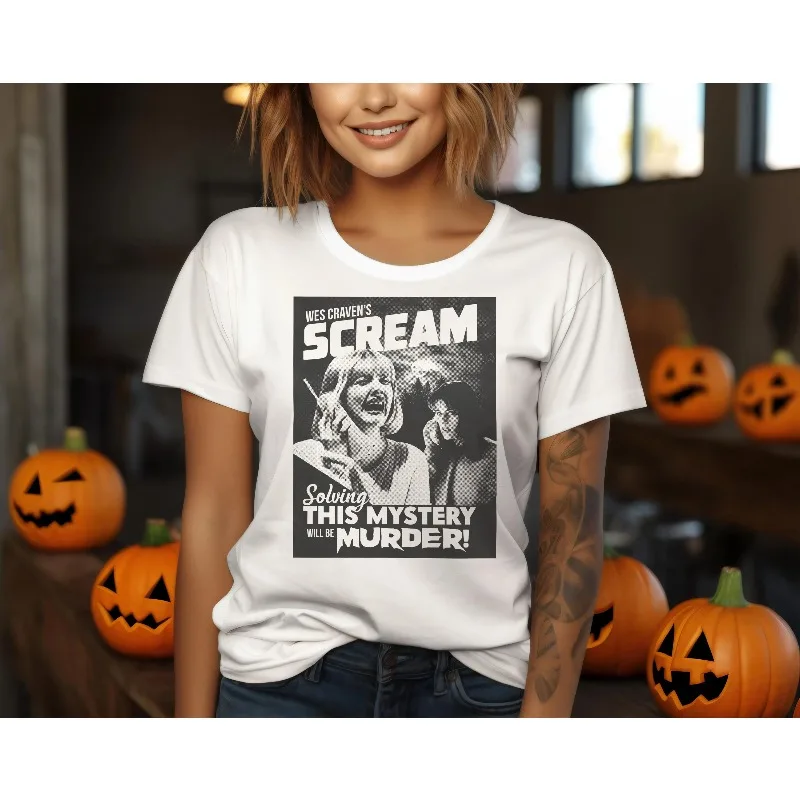 SCREAM Suspense Slogan Poster Camiseta estampada Mujeres y hombres Patrón de película Top Primavera/Verano Camiseta holgada de manga corta Unisex