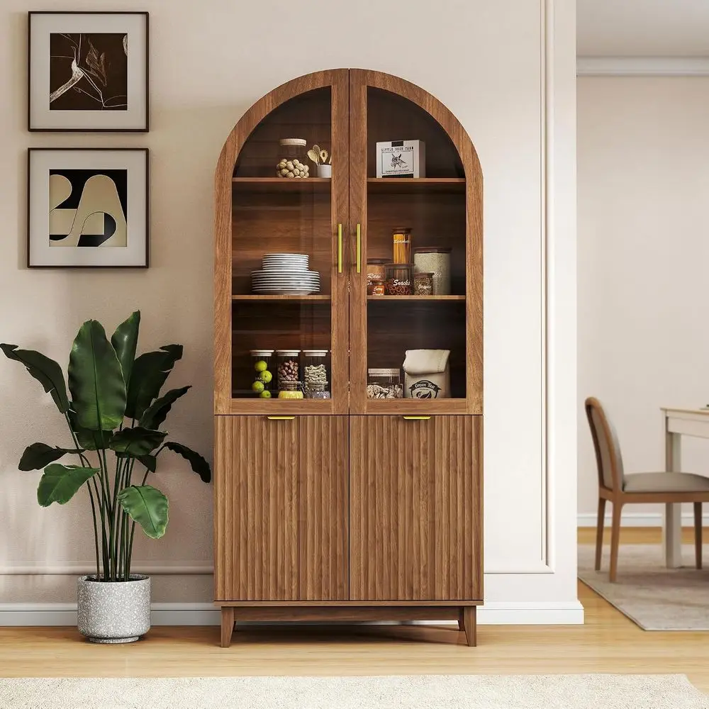 71 Walnut Arched Glass Door Kitchen Pantry Cabinet with Adjustable Shelves for Dining or Living Room view 6