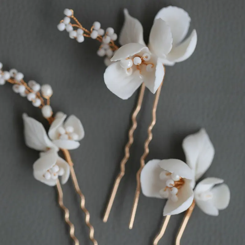 Bridal Headwear Accessories Handmade Ceramic Flower Hairpin Beaded Hairpin Beaded Tiara Simple Party Jewelry For Women