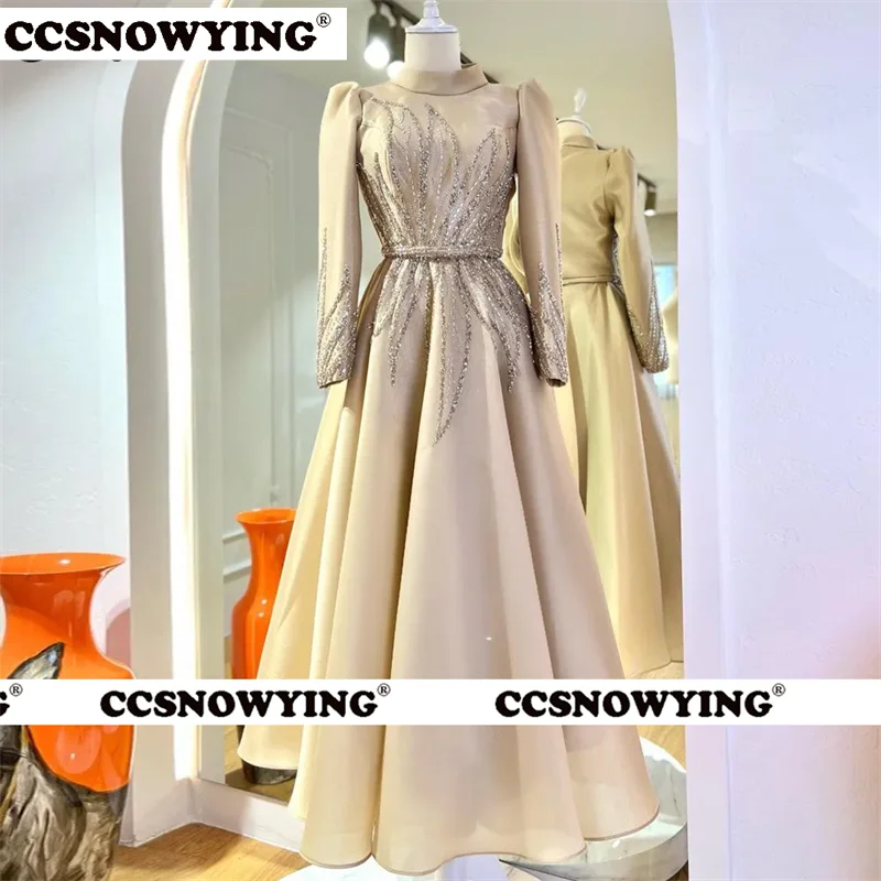 

Organza Appliques Beaded Hijab Muslim Evening Dresses Long Sleeve Islamic Formal Party Gown Arabic Dubai Women Robes De Soirée