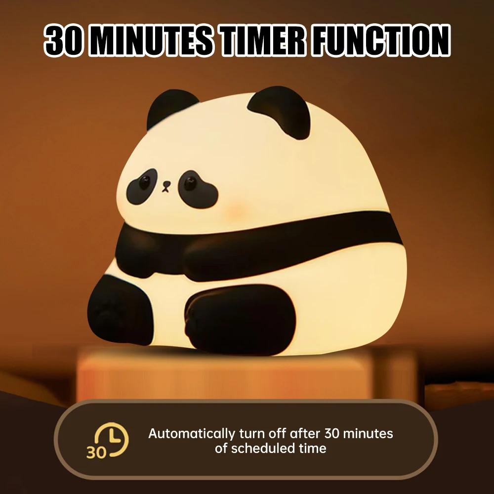 LED Panda Night Light Soft Silicone Dimming Bedside Pat Lamp Rechargeable Timing Sleep Accompany Light for Christmas Gift