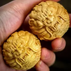 Yellow Wood Carving Hand Handle Piece Zodiac Dragon Player Health Ball Portable Plate Panlong Phoenix Text Play Carving Crafts