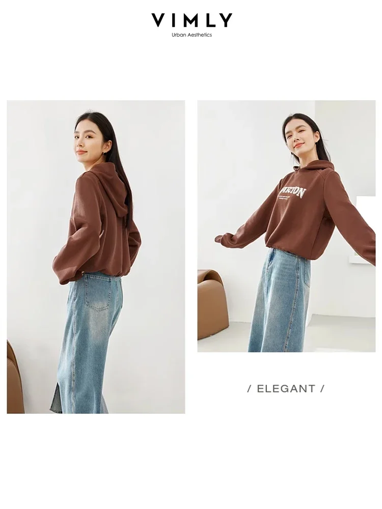 Vimly Coffee Cropped Hoodies for Women 2023 Autumn Letters Embroidery Long Sleeve Top Fleece Hooded Sweatshirt Clothing M5085