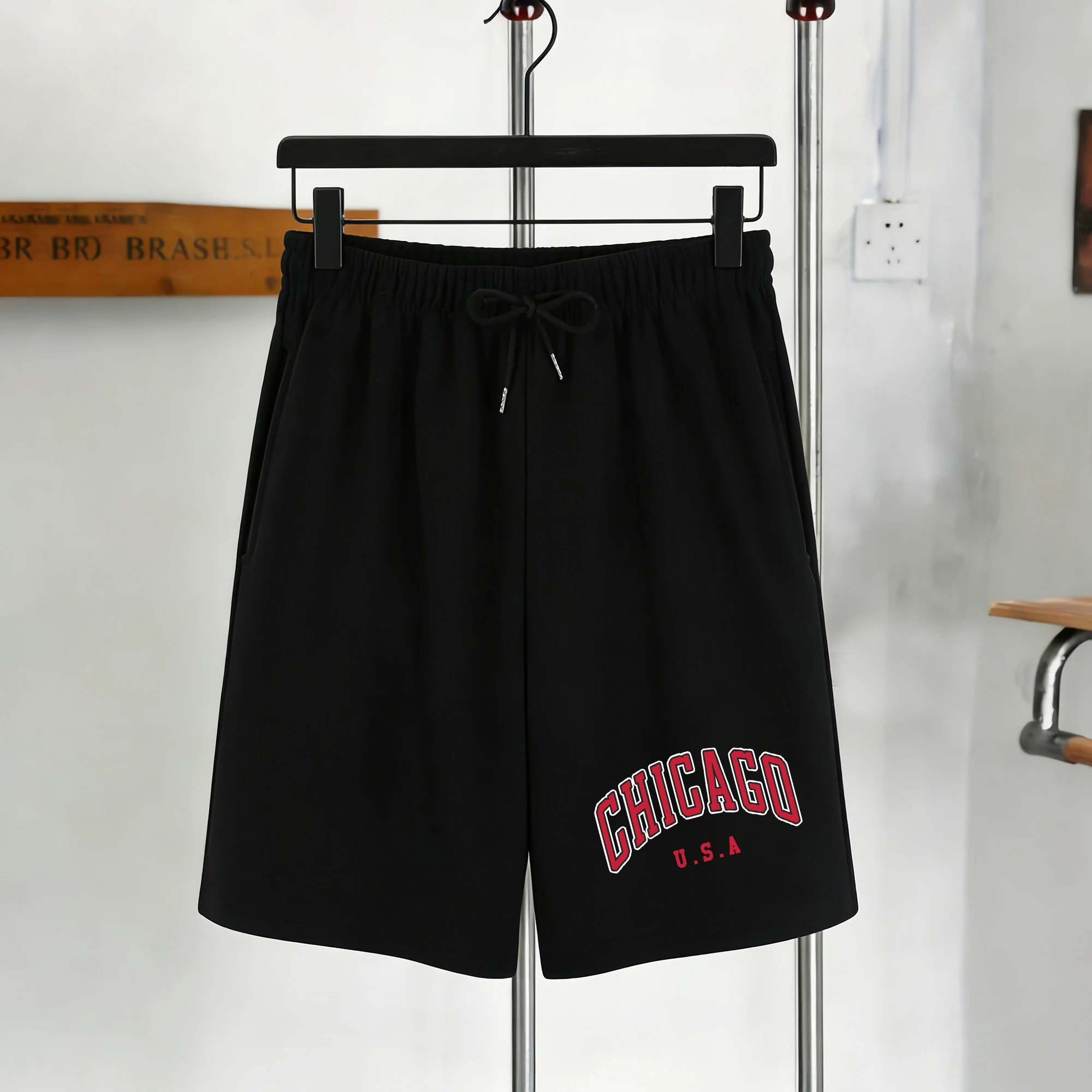

I Will Go Usa Chicago Design Pocket Pants Mens Summer Drawstring Shorts Black All-Match Sweatpants Unisex Loose Basics Sportwear