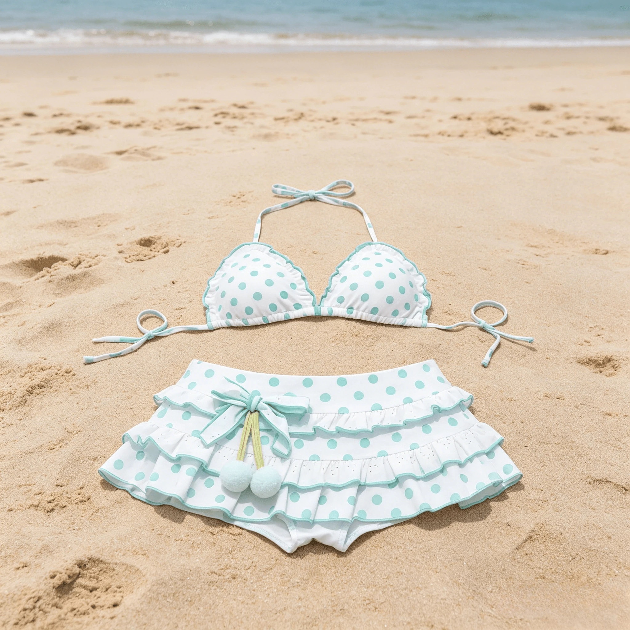 

2026 Cute Polka Dot Halter Bikini Set Women Ruffled Skirt Swimwear Two Piece Cherry Decor Swimsuit Summer Beachwear Bathing Suit