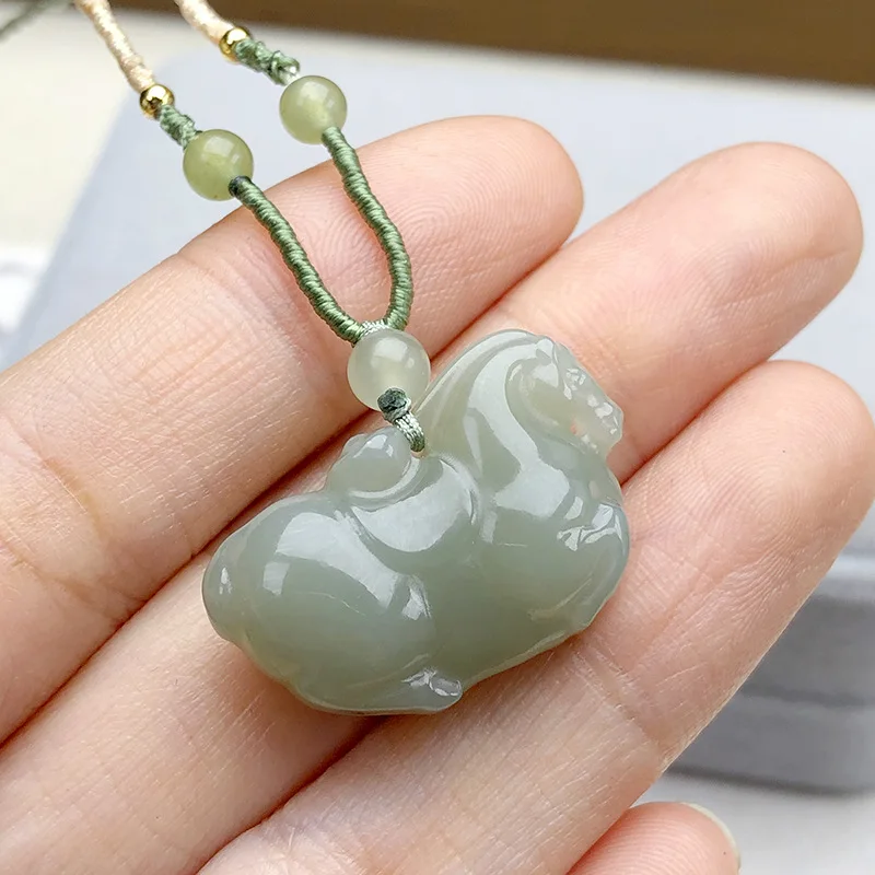 Natural Hetian Instant Success Pendant - Green and White Jade Zodiac Amulet, Gift Year of the Horse for Men