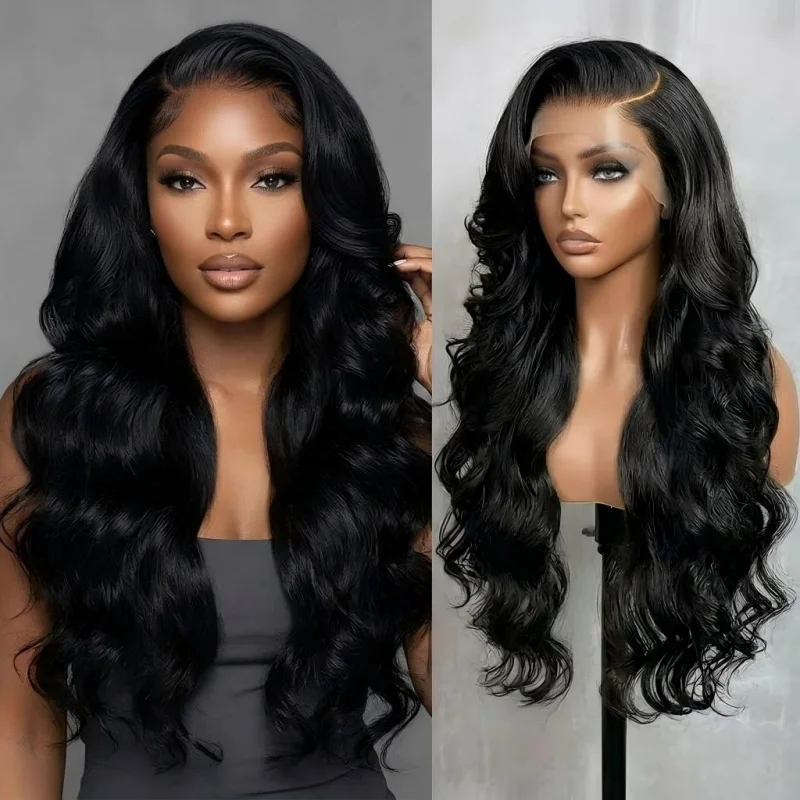 

24 Inch 13x4 Lace Front Jet Black Loose Body Wave Synthetic Wig, Pre Plucked Hairline, Silky Heat Resistant Fiber for Women