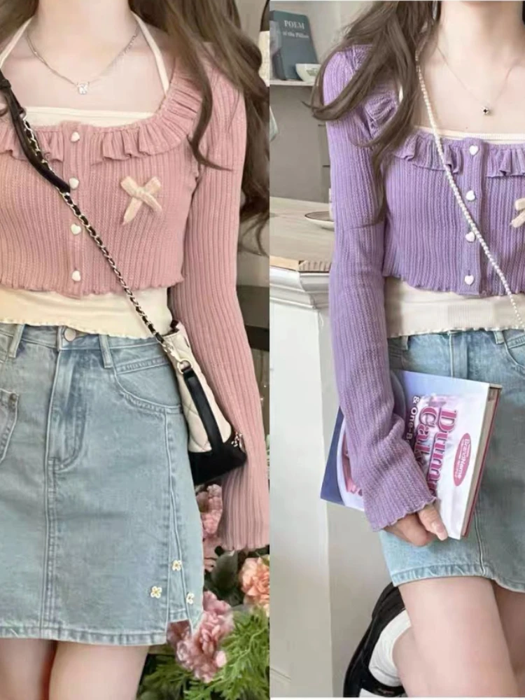 White Japanese Kawaii Lolita Print Cardigan Female Pink Bow Korean Fashion Tops Women Slim Casual Sweet Cute Two-piece Set 2023