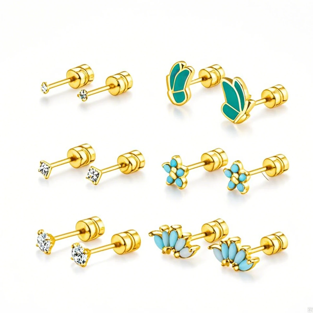 

6pairs stainless steel multi-ear stud set, synthetic zircon hollowed-out pattern stud earrings, wearing sharp bone stud earrings