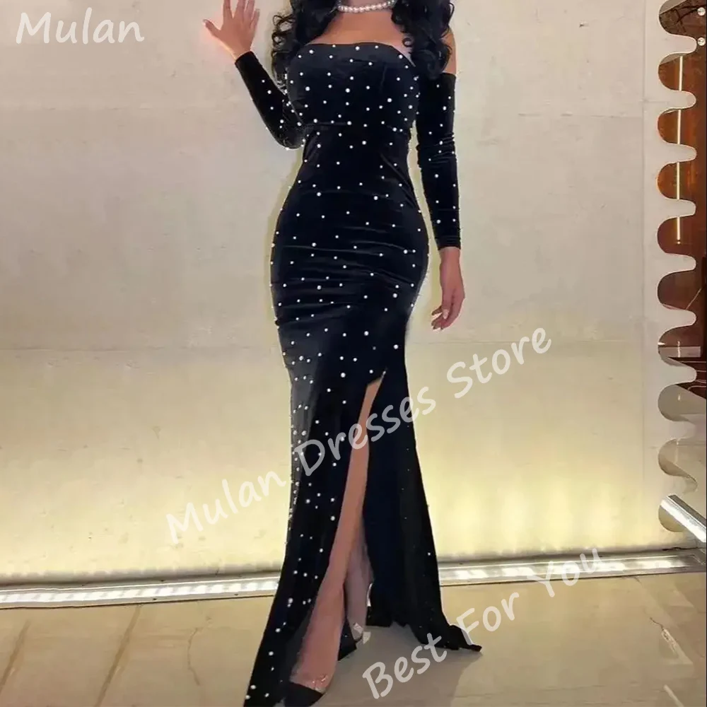 Vestido de noche largo con cuentas de lujo para mujer, traje de sirena negra hasta el suelo, para fiesta, graduación, eventos especiales, boda, 2024