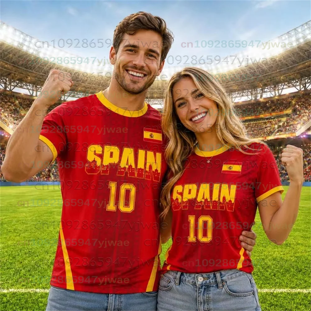 Camiseta de Fútbol 2026 Nueva para Hombre y Mujer, con la Bandera de España 10, Cuello Redondo, Manga Corta, Transpirable, de Secado Rápido, Estilo Urbano Informal