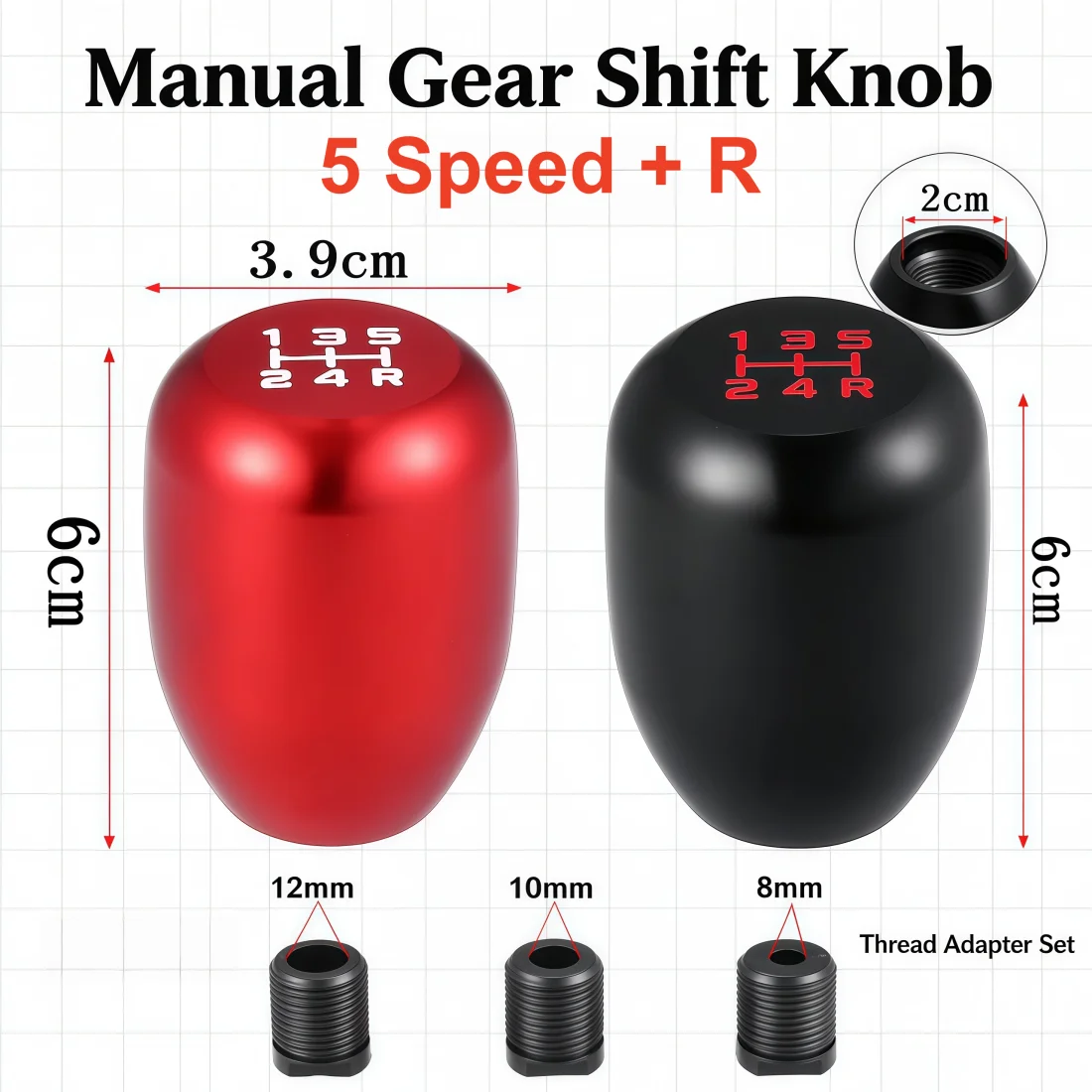 Black Or Red 5 Speed+R Manual Gear Shift Knob Universal Aluminum Alloy Racing Car Shift Head With 3 Adapters 8/10/12mm
