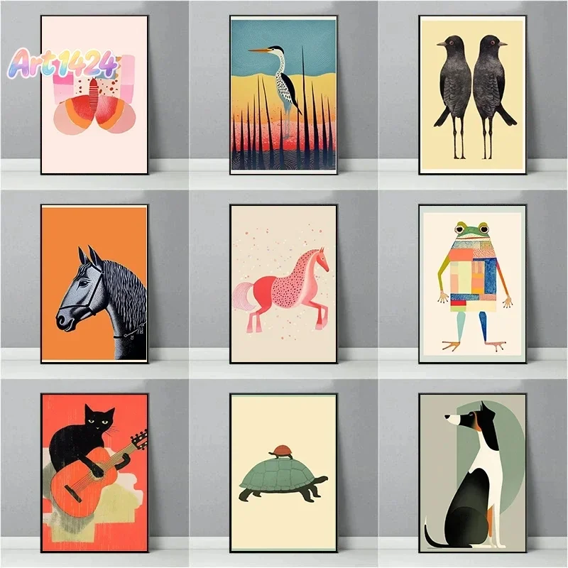 Abstract Cute Animal Poster Dog Turtle Frog Crow Nursery Illustration Canvas Painting Wall Art Picture Children's Room Home D