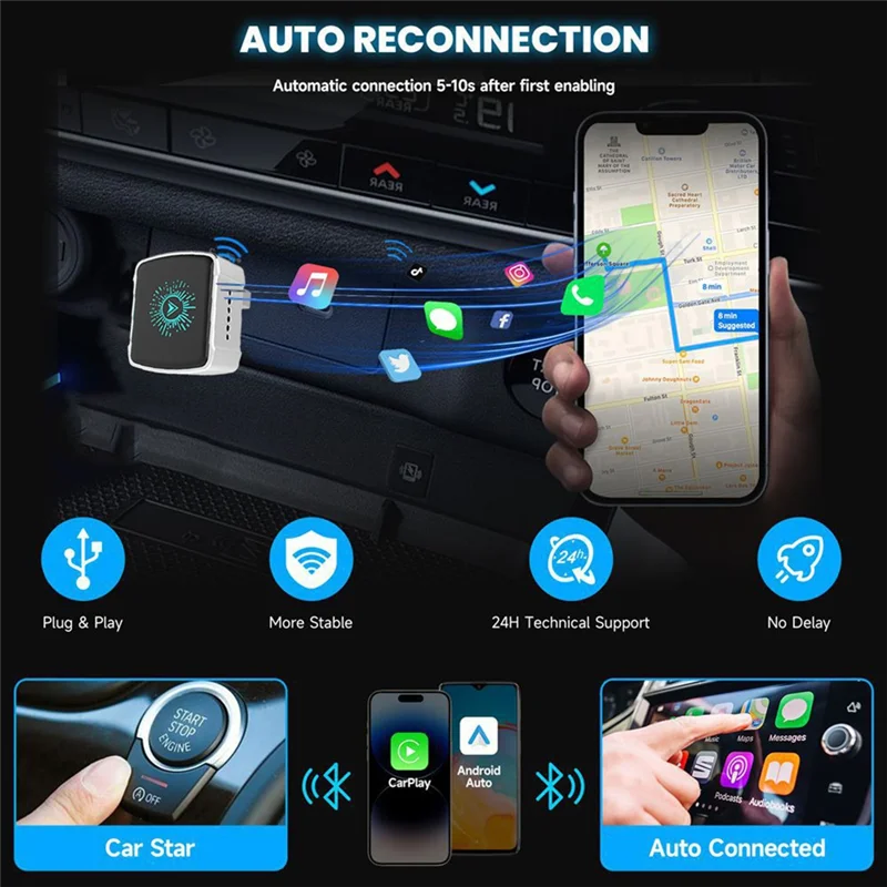 

CABE-2 в 1, проводной к беспроводному адаптеру Carplay, Android Auto, беспроводной адаптер Carplay Plug & Play, Wi-Fi, Bluetooth Connect