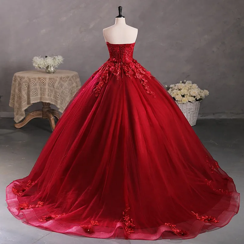 Sexy Strapless Vestidos  Quinceaneras Classic Appliques Ball Gown Flower Women New Tulle Vestido De Baile With Train Customized