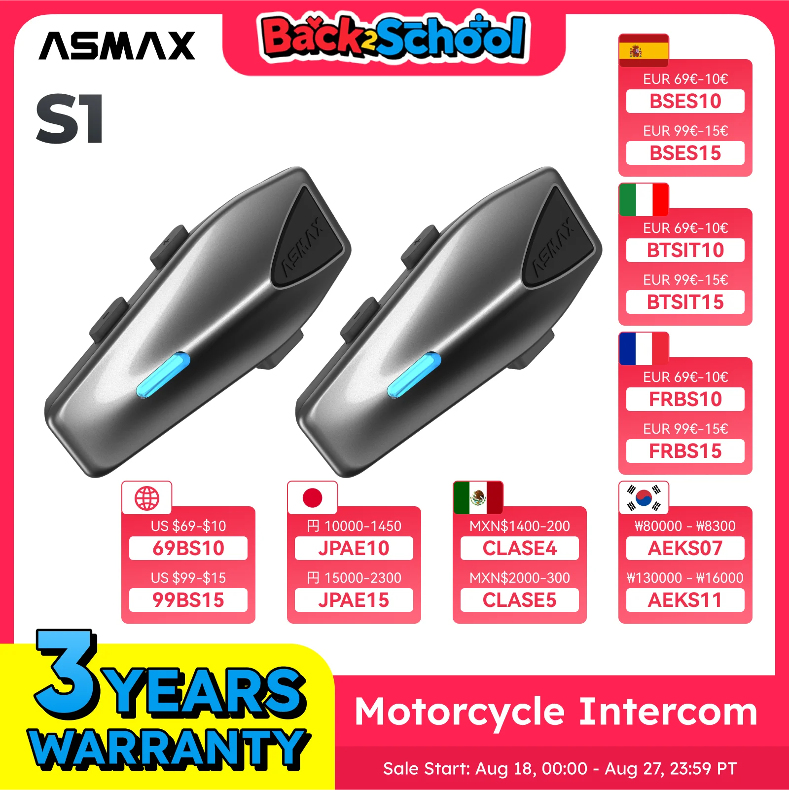 

ASMAX S1 Helmet Bluetooth Headset Voice Control Motorcycle Communication Systems 8 Riders Helmet Intercom with FM Radio ENC/IPX7