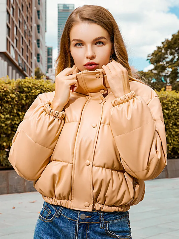 

Women's Short Stand Collar Leather Jacket Autumn Winter New Style Warm Bread Cotton Coat Street Style Regular Sleeve Long Zipper