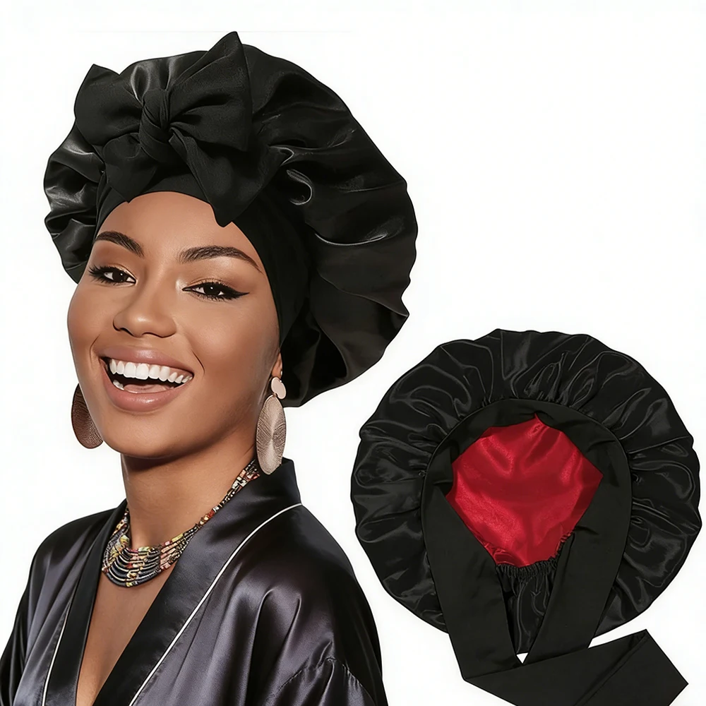 Double Sided Satin Sleeping Bonnet for Women Reversible Night Hair Cap Head Cover Lady's Ribbon-style Round Hat