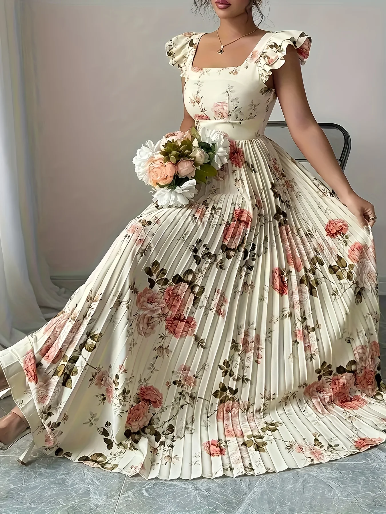 Elegant Beige Floral Pleated Midi Dress with Ruffle Square Neck and Stretch High Waist Slim Fit Party Evening Gown - Image 5