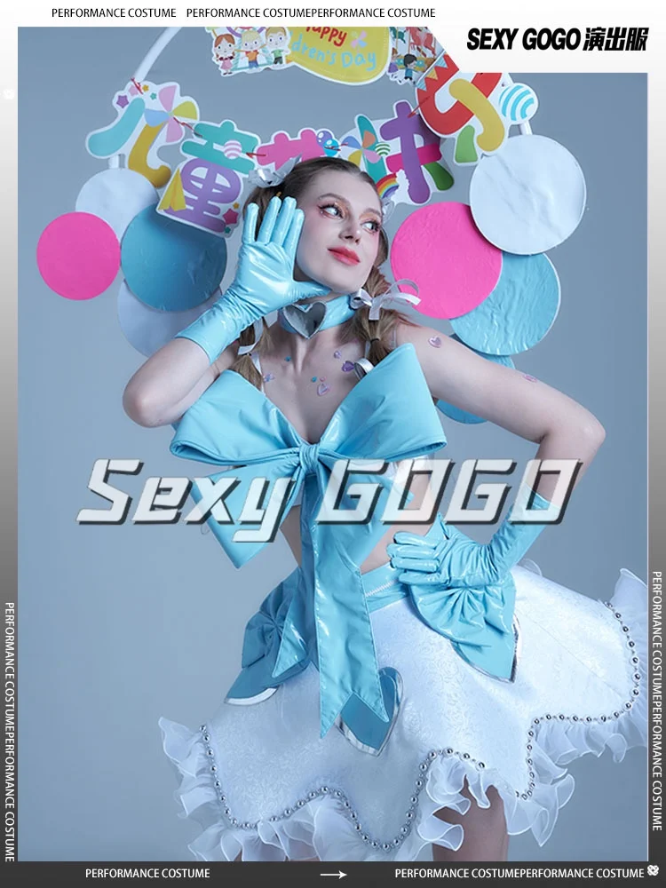 Kostium dla DJ-a w klubie nocnym, stroje do tańca Gogo, kostium Drag Queen, topy z kokardą, spódnica, odzież karnawałowa, strój do tańca jazzowego dla dorosłych yj420